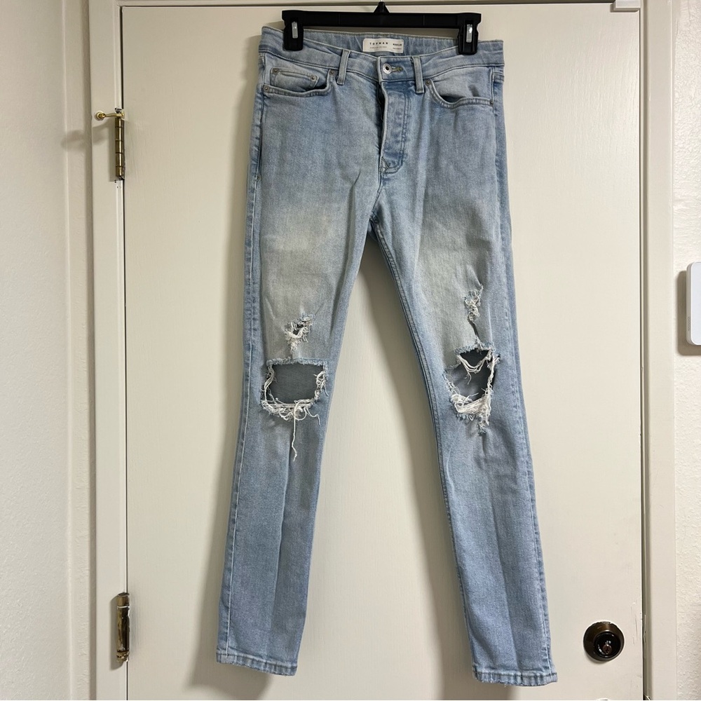 TOPMAN Stretch Skinny Distressed Jeans Light Blue 30x30 - Picture 2 of 9